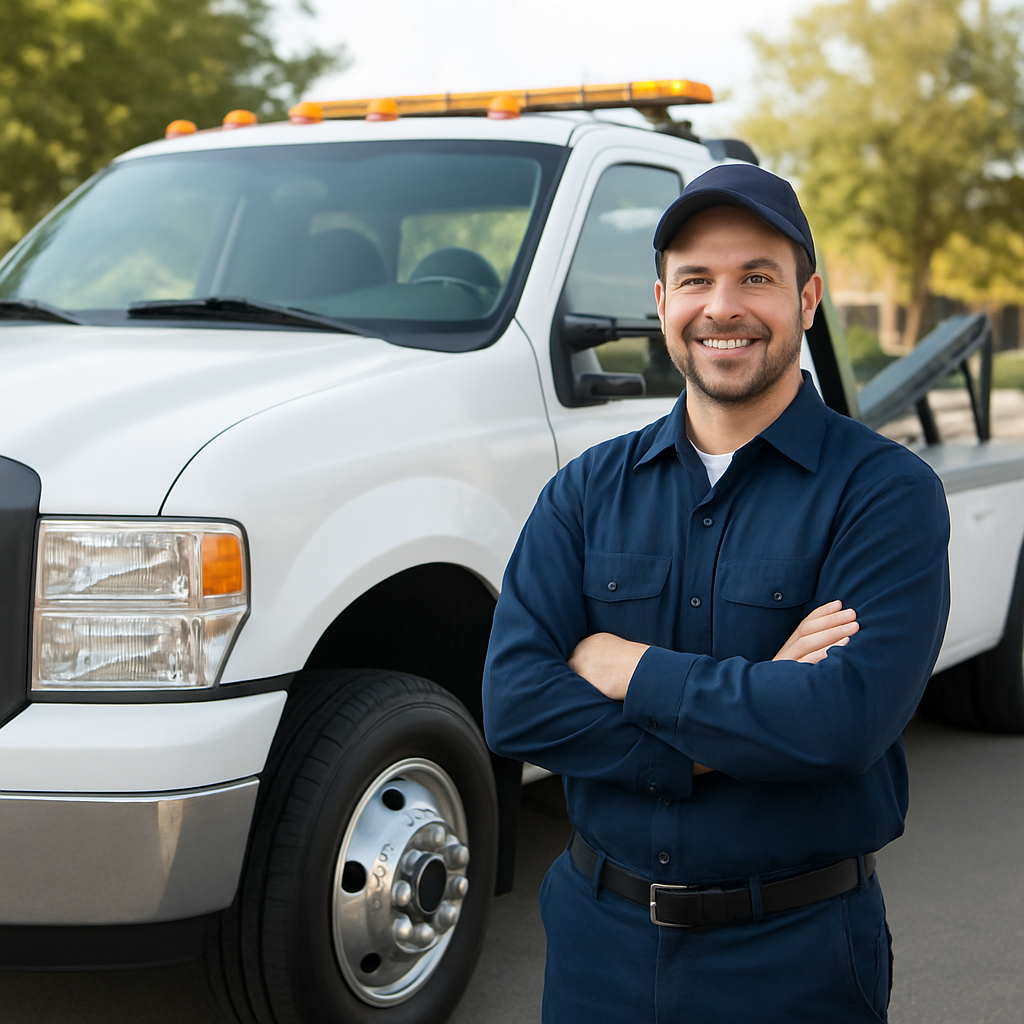 A Tow Buddy driver standing next to a tow truck