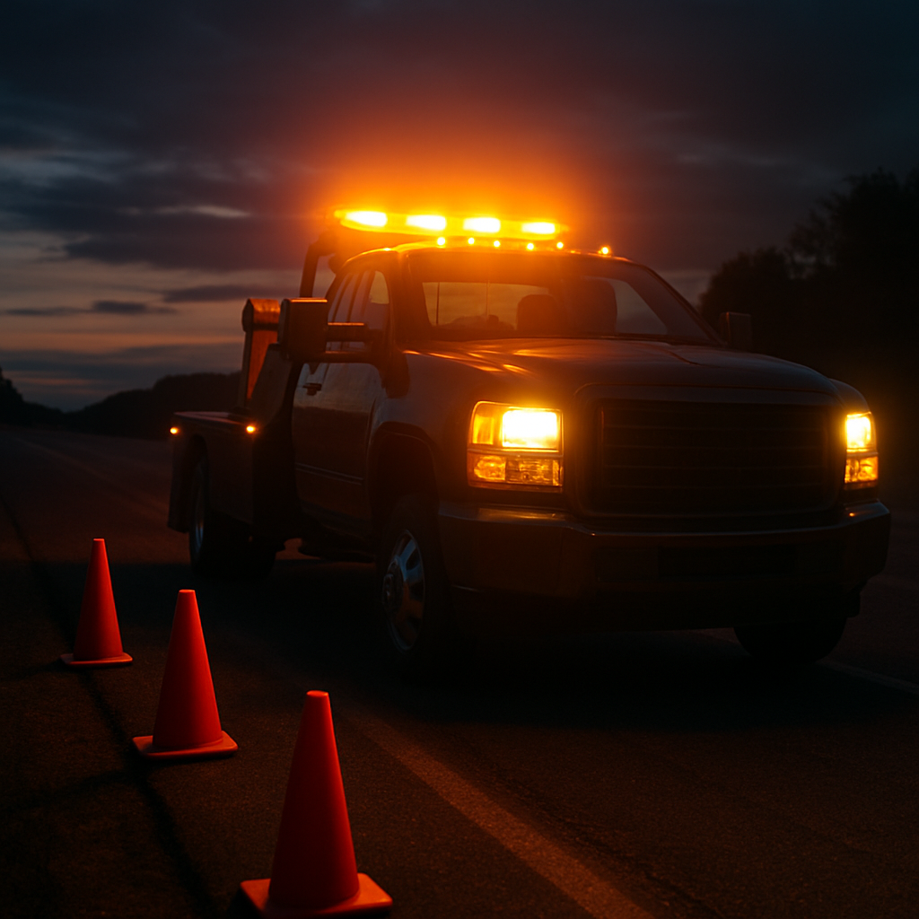 Tow truck with amber emergency lights on a roadside at dusk