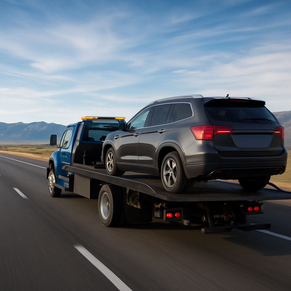 Tow truck hauling a vehicle on an open highway