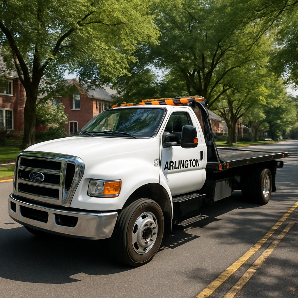 Tow truck on a tree-lined Arlington Virginia street