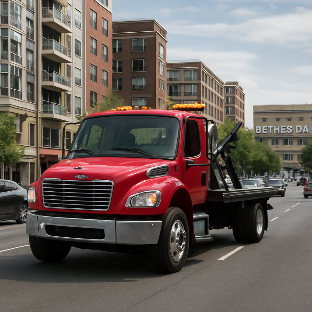 Tow truck on a busy Bethesda Maryland avenue