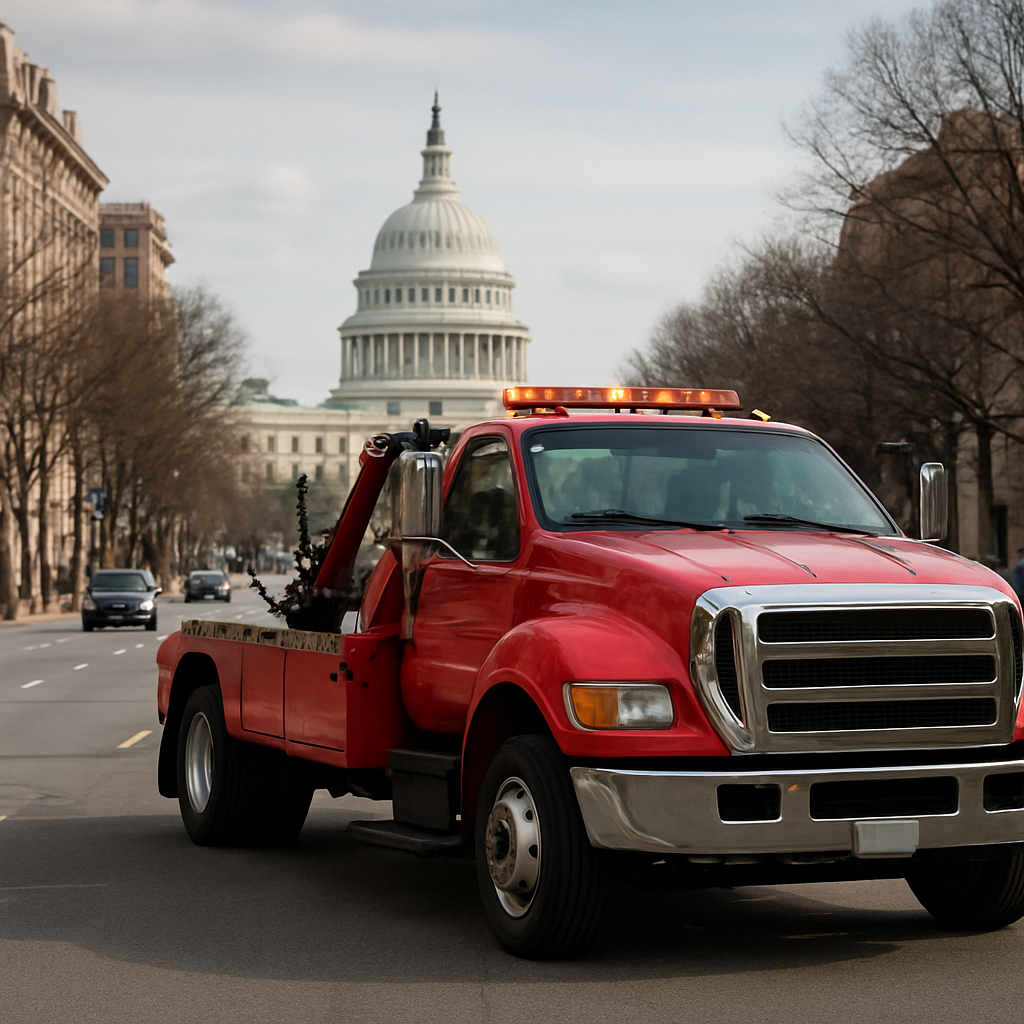 Tow truck on a Washington DC street with the Capitol in the background