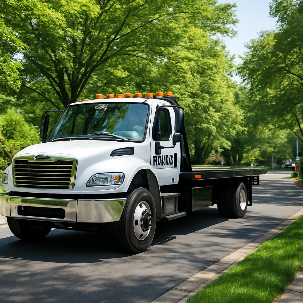 Tow truck on a suburban Fairfax Virginia roadway
