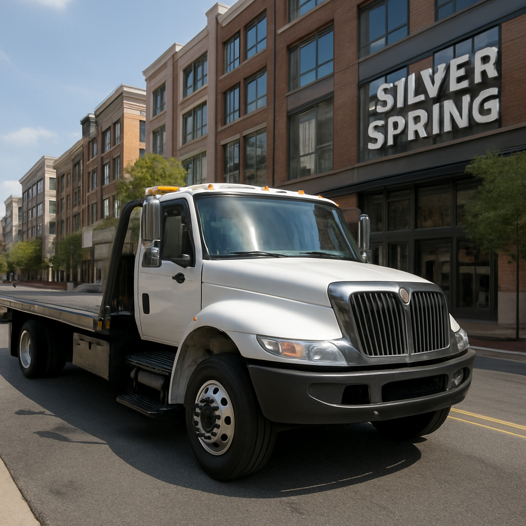 Tow truck on a downtown Silver Spring Maryland street