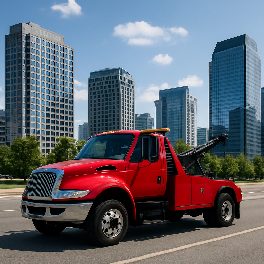 Tow truck near the high-rise skyline of Tysons Virginia